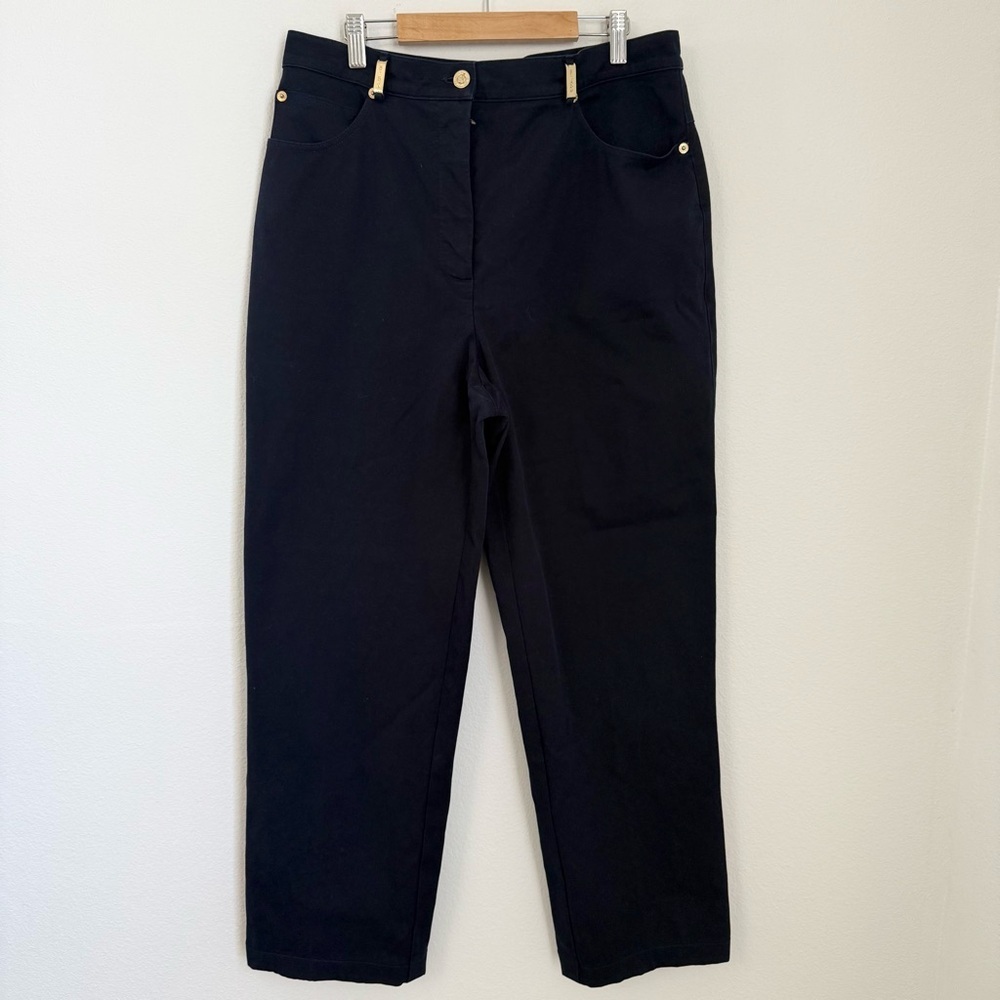 St. John Sport Navy Blue Stretch Pants with Gold Accents Five Pocket Straight 12